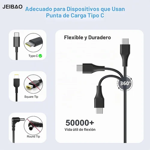 Vista 4 de JEIBAO Adaptador universal de 65 W USB C tipo C de CA para laptop compatible con Lenovo ThinkPad X1 T14 T15 E14 E15 T480s T580s T490 E580 E590 Yoga
