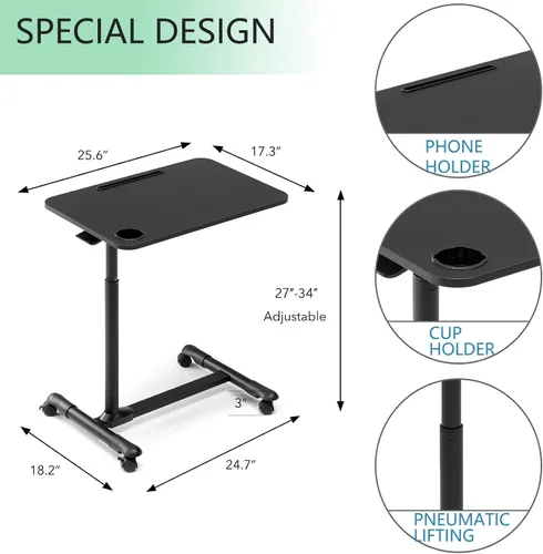 Vista 3 de ETHU Mesa de cama con elevador hidráulico, mesa de cama ajustable de altura de 27.1 a 34.2 pulgadas con ruedas bloqueables, mesa de grano de madera