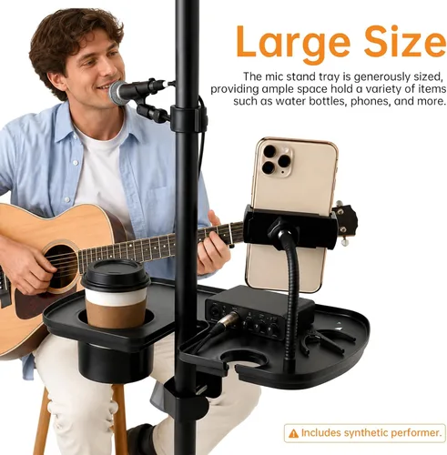 Vista 3 de Bandeja de soporte para micrófono con soporte para teléfono, abrazadera grande de 12.2 pulgadas en la mesa de estante Fits 0.4"-2" pole. Hold 9.9