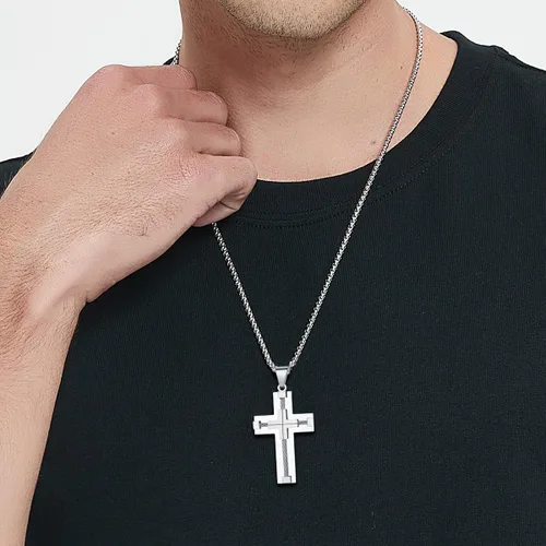 Vista 2 de Cross Necklace for Men 316L Stainless Steel Big Jesus Christ SilverGoldBlack Cross Pendant Necklace for boys Rolo Chain