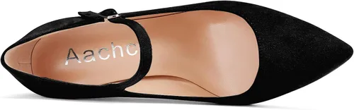 Vista 4 de Aachcol Zapatos de vestir Mary Jane con correa de aguja de tacón medio puntiagudo, zapatos de vestir clásicos de 3 pulgadas