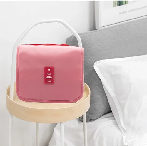 Vista 7 de Neceser colgante – Organizador grande de viaje de maquillaje cosmético para hombres y mujeres con gancho resistente, Rosado