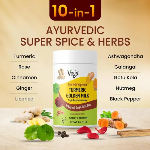 Vista 2 de Vegs Leche en polvo dorada de cúrcuma – 10 leches ayurvédicas súper especias con cúrcuma orgánica, jengibre, pétalos de rosa, canela, ashwagandha