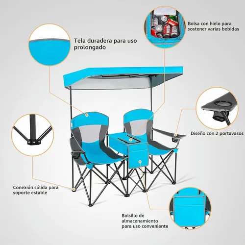Vista 5 de DORTALA Silla de camping doble con toldo, silla de playa plegable para 2 personas con toldo para dosel, soporte para bebidas y bolsa de Azul