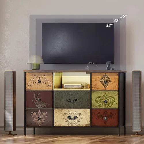 Vista 6 de VASICAR Cómoda con Patrón con Luces LED y Tomas de Corriente, Cómoda Soporte de TV con 8 Cajones para TV de 55", Cómoda de Tela con Cajones
