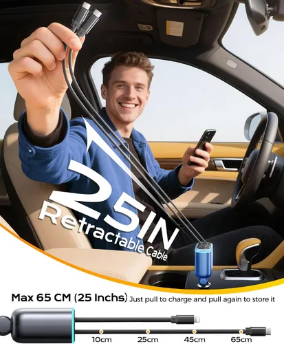 Vista 3 de Cargador de Coche, Cable USB C para iPhone Retráctil Cargador de Teléfono USB C Rápido, Adaptador de Encendedor de Cigarrillos con 2 Cables USBC