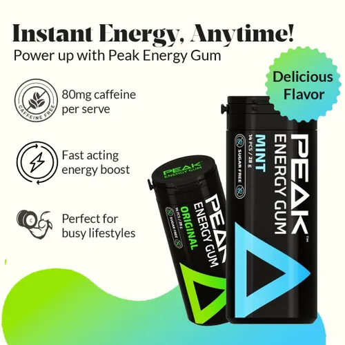 Vista 2 de Peak Energy Gum Caffeinated Chewing Gum - Sugar Free With B Vitamins B3 B5 B6 B12 for Focus and Performance - Caffeinated Energy Boost - Natural