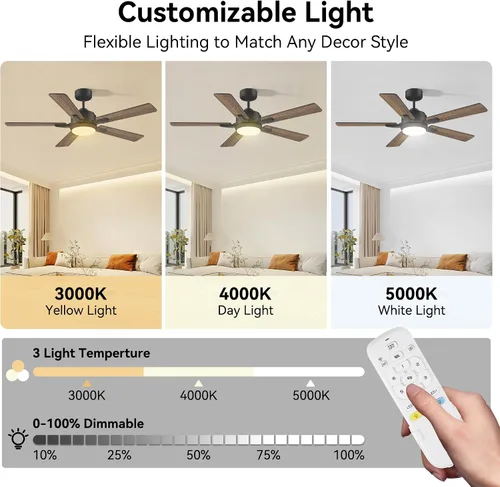 Vista 5 de cumilo Ventiladores de techo inteligentes de 52 pulgadas con control remoto de luces, motor de CC silencioso, ventilador de techo moderno