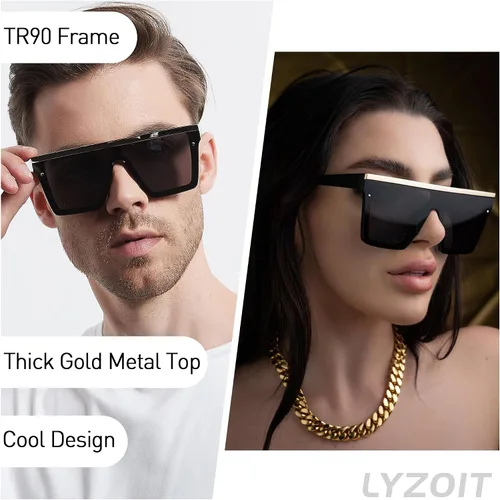 Vista 2 de LYZOIT Lentes de sol cuadrados de gran tamaño para mujeres y hombres, parte superior plana grande, protección UV, sombras sin montura