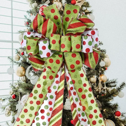 Vista 4 de Adorno de lazo grande para punta de árbol de Navidad y corona, lazo con cinta de poliéster con puntos verdes y rojos, para hogar, Acción de Gracias
