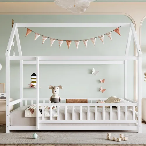 Vista 14 de Harper & Bright Designs Marco de cama de piso de casa de tamaño individual con barandillas de techo y valla, cama Montessori de madera maciza, fácil