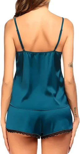 Vista 4 de Pijama de felpa sexy de 2 piezas para mujer con encaje floral satén y pantalones cortos pijama de felpa para mujer Yb-verde XXXL