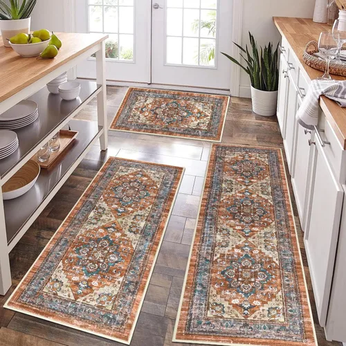 Vista 11 de Bsmathom - Juego de alfombras de cocina de estilo rústico de 3 piezas con corredor, alfombras de cocina antideslizantes y lavables, alfombras