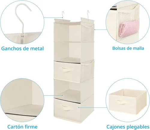 Vista 7 de MAX Houser Organizador Colgante de Closet de 5 Niveles, Estante Colgante de Tela con 2 Ganchos Resistentes para Almacenamiento, Plegable (Beige-D2)