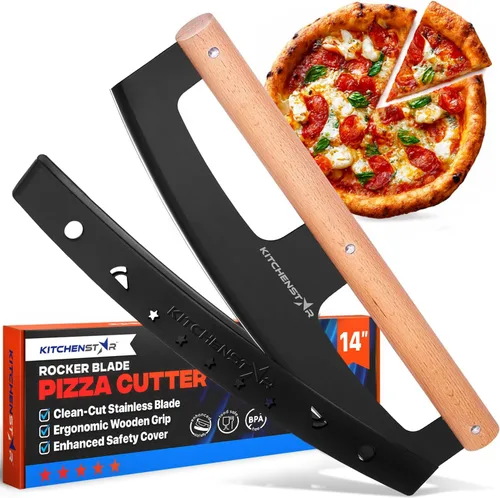 Vista 9 de KitchenStar Cuchilla de corte de pizza de 16 pulgadas, cuchillo cortador de acero inoxidable afilado, elegante mango de madera de haya, cubierta