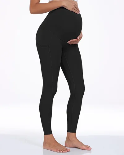 Vista 2 de WHOUARE Leggings de maternidad sobre el vientre con bolsillos para mujer, cintura alta, entrenamiento, pantalones de yoga
