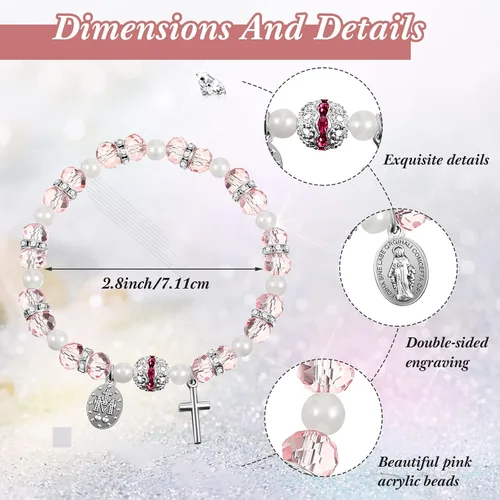 Vista 2 de Junkin Beaded Stretch Rosary Bracelet with Mesh Bags Catholic Bracelets for Women Girls Religious Rosary Bead Bracelet Pink Bracelet Crucifix Medal