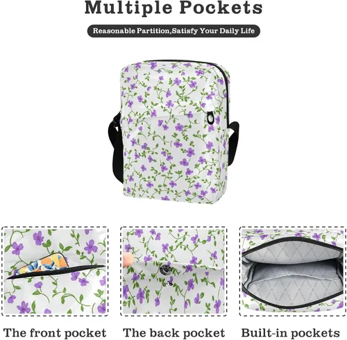 Vista 2 de Small Purple Flowers Green Vines Vintage messenger bags mens shoulder bag Casual Purse Lady Shoulder Handbags Adjustable Strap for Travel Travel