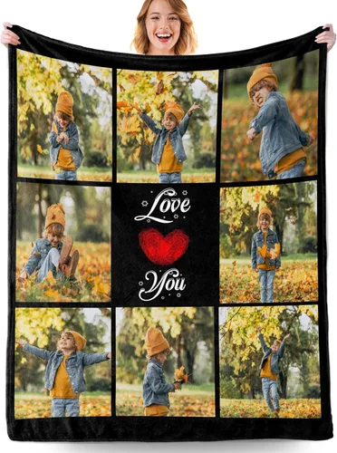 Vista 12 de Manta personalizada con fotos, manta personalizada con fotos con texto en inglés "I Love You", regalo de cumpleaños para novia, novio, esposa