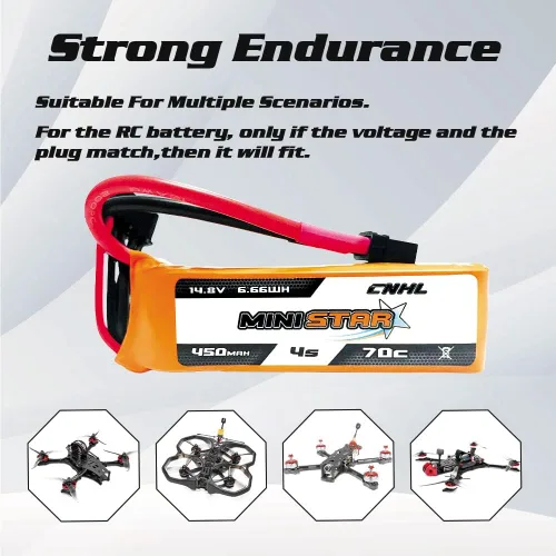 Vista 5 de CNHL 450mAh 4S Lipo Batería 70C 14.8V con XT30U Plug para RC Drone FPV Avión Heli Avión (2 piezas)