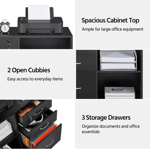 Vista 8 de Topeakmart Archivador negro con cerradura para letra A4, tamaño A4, archivador lateral de 3 cajones, soporte de impresora con compartimentos
