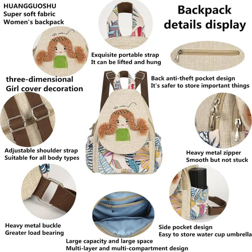 Vista 81 de HUANGGUOSHU Mochila de algodón tejida de algodón bohemio con bordado de lona estilo bohemio con múltiples bolsillos retro linda mochila cartera