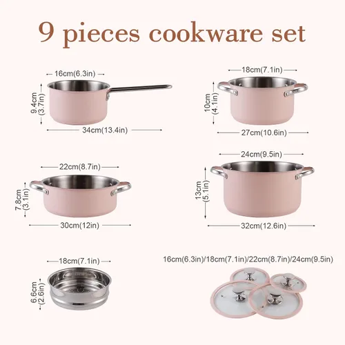 Vista 2 de Juego de utensilios de cocina de acero inoxidable de 9 piezas para cocina familiar, grado 304, exterior recubierto de cerámica, ollas y sartenes