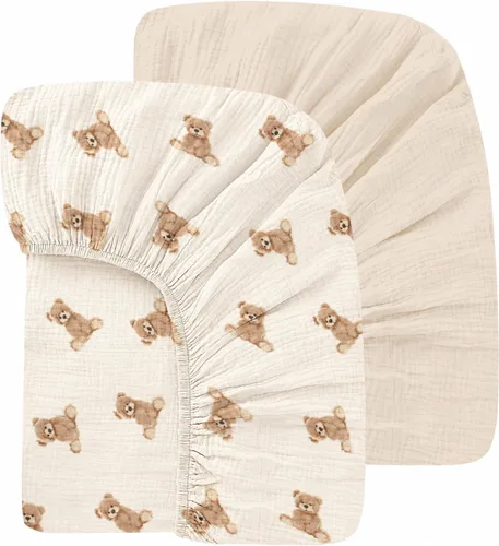 Vista 8 de Sábanas orgánicas para cuna de bebé de 33 x 17 pulgadas, 100% algodón de muselina para bebé, niña, niño, funda de colchón ajustable suave compatible