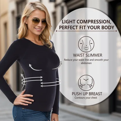 Vista 4 de +MD Womens Long Sleeve Undershirts Tops Bamboo Viscose Underscrub Round Neck, Slim Fit Baselayer, Soft Underscrub, Light Compression Tummy Control