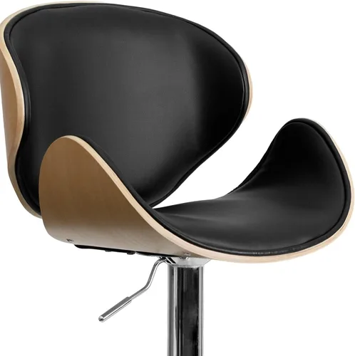 Vista 7 de Taburete de bar Flash Furniture de madera de haya con altura ajustable y asiento y respaldo de vinilo negro curvado, Espuma Madera Vinilo, Hayedo