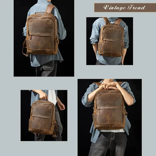 Vista 6 de Mochila para portátil de cuero genuino vintage de 15.6 pulgadas, bolsa de viaje para senderismo, mochila antirrobo para acampar