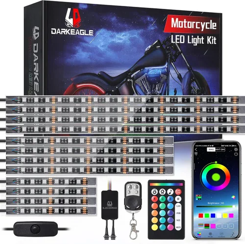 Vista 14 de 8 kits de luces LED RGB segmentadas para motocicleta con control remoto APP/RF, luces subterráneas multicolor con señal de giro de freno, tira