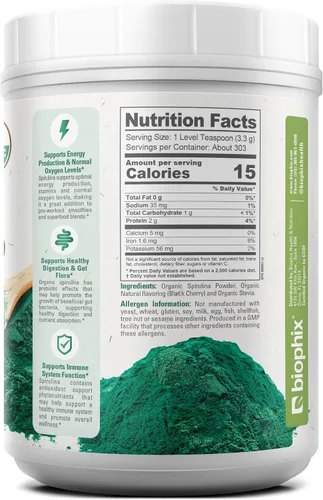 Vista 8 de biophix Polvo orgánico de espirulina de 2.2 libras, sabor a cereza negra, superalimento rico en proteínas, rico en nutrientes, potente antioxidante