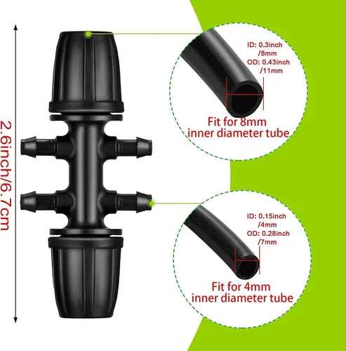 Vista 2 de Accesorios de riego en T de púas, tubo de riego por goteo, adaptador de identificación de 0.3 pulgadas a 0.15 pulgadas, adaptador de identificación