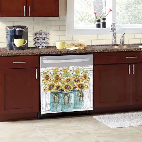 Vista 5 de Adhesivo para cubierta de lavavajillas con diseño de girasoles de granja, panel de calcomanías para nevera, funda de vinilo estilo granja, ordinario