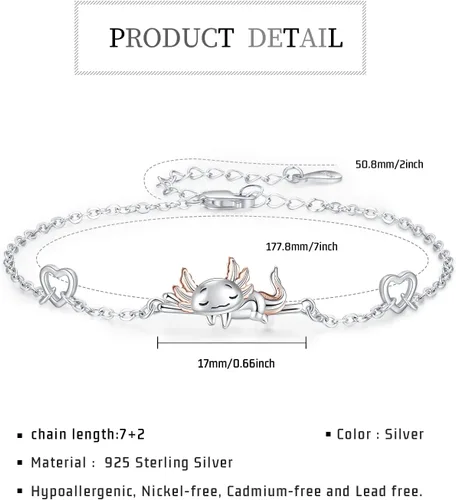 Vista 10 de Pulsera de plata de ley 925 ajustable con diseño de ajolote, panda, racón, girasol, joyería para hija o amiga, regalo de cumpleaños