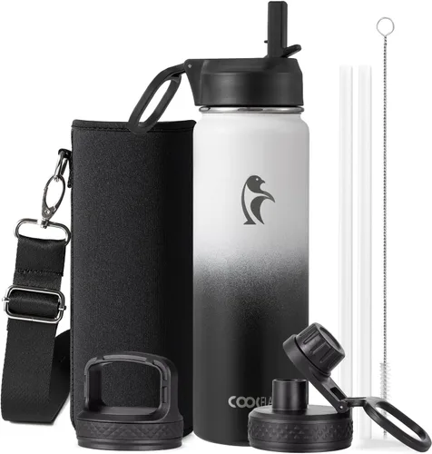 Vista 88 de Coolflask Botella de agua de 20 onzas aislada con pajilla, 3 tapas de metal de acero inoxidable, botella de agua de boca ancha para deportes u