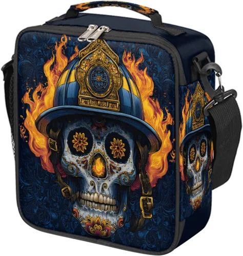 Vista 9 de Pardick Divertida bolsa de almuerzo aislada con calavera de fuego para adolescentes y niños, lonchera portátil reutilizable con correa