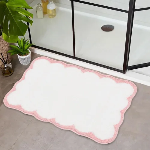 Vista 8 de Bonitos tapetes de baño festoneados, antideslizantes, lavables a máquina, suaves, para ducha, bañera, cocina, 24 x 17 pulgadas, color azul