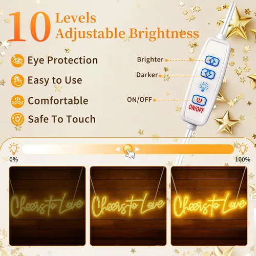 Vista 6 de Letrero de neón grande con texto en inglés "Cheers to Love", letrero de neón con interruptor de atenuación, letrero LED reutilizable para telón