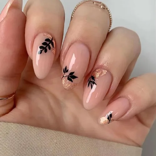 Vista 8 de Uñas postizas cortas francesas en forma de almendra con diseño de línea dorada y estampado de leopardo, uñas artificiales acrílicas de cobertura