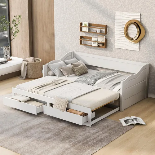 Vista 11 de JIVOIT Sofá cama extensible con cama nido y dos cajones de almacenamiento, marco de sofá cama de madera con soportes de listones de madera, diseño