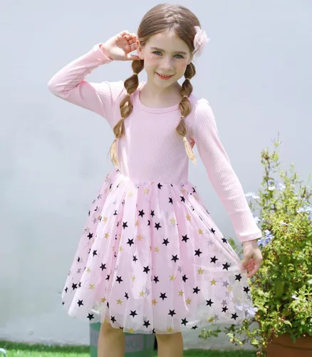Vista 4 de Vestidos de manga larga tutú para niña, vestido de tul esponjoso para otoño, invierno, rosa y negro, vestidos de 4 a 8 años
