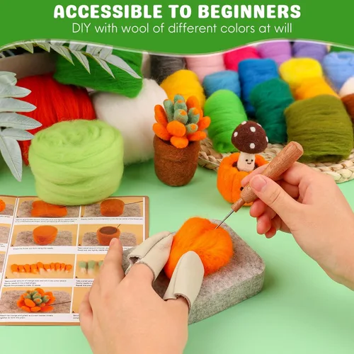 Vista 4 de Kit de fieltro de aguja para principiantes, 28 colores de lana itinerante, juego de manualidades de plantas suculentas con agujas de fieltro