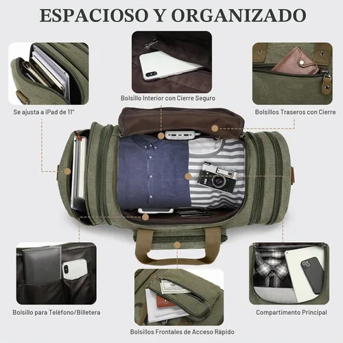 Vista 4 de Gonex Canvas Duffle Bag, Expandable 50L Travel Overnight Weekender Bag Verde militar