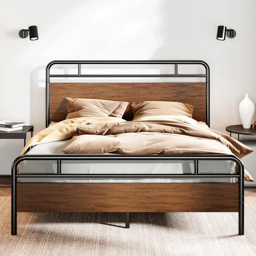 Vista 12 de SHA CERLIN Base de cama tamaño completo con cabecera de madera industrial vintage, plataforma de metal resistente con almacenamiento debajo
