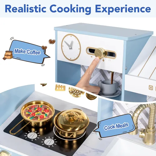 Vista 4 de BRINJOY Cocina de Juguete para Niños, Juego de Cocina de Madera para Niños con Cafetera, Horno, Estufa, Fregadero, Delantal, Máquina de Hielo