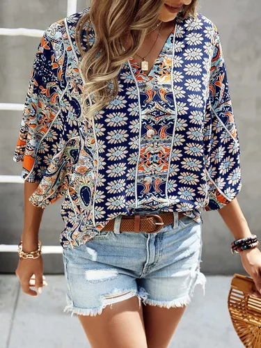 Vista 4 de SOLY HUX Women's Boho Print V Neck 34 Bell Sleeve Button Front Summer Blouse Top