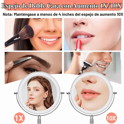 Vista 3 de Espejo de maquillaje iluminado con aumento, 10 x 8 pulgadas, espejo de tocador recargable de doble cara con luces, espejo de maquillaje de aumento