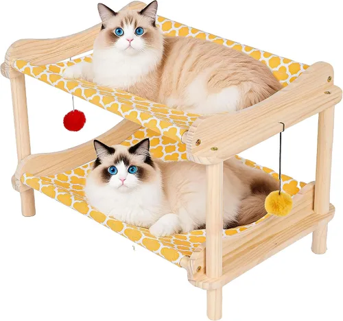 Vista 13 de Cama elevada de madera para gatos – 24 x 15.7 x 5.9 pulgadas, hamaca transpirable para mascotas para uso en interiores y exteriores, tumbona elevada
